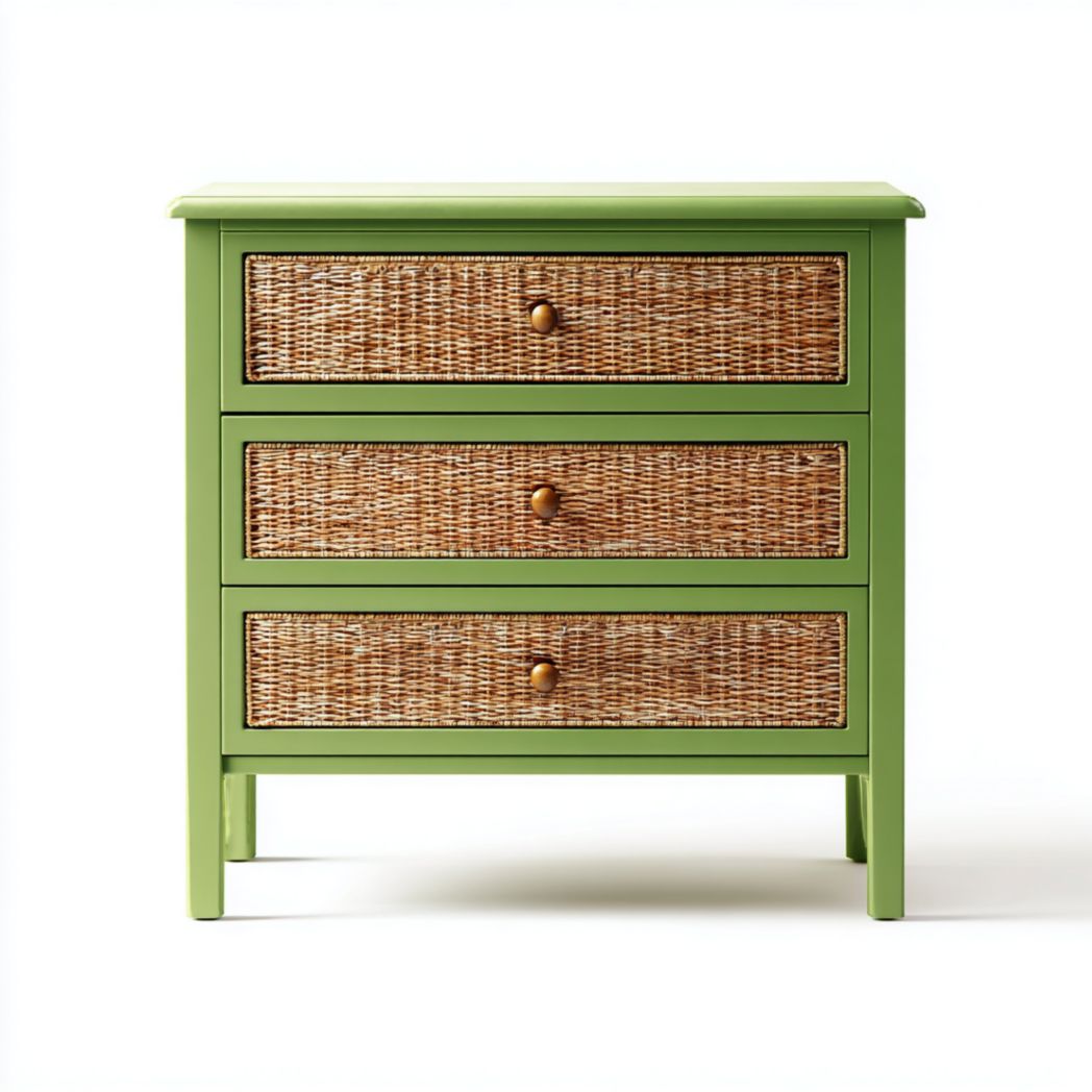 Commode verte en bois à trois tiroirs, façade en rotin et poignées en bois