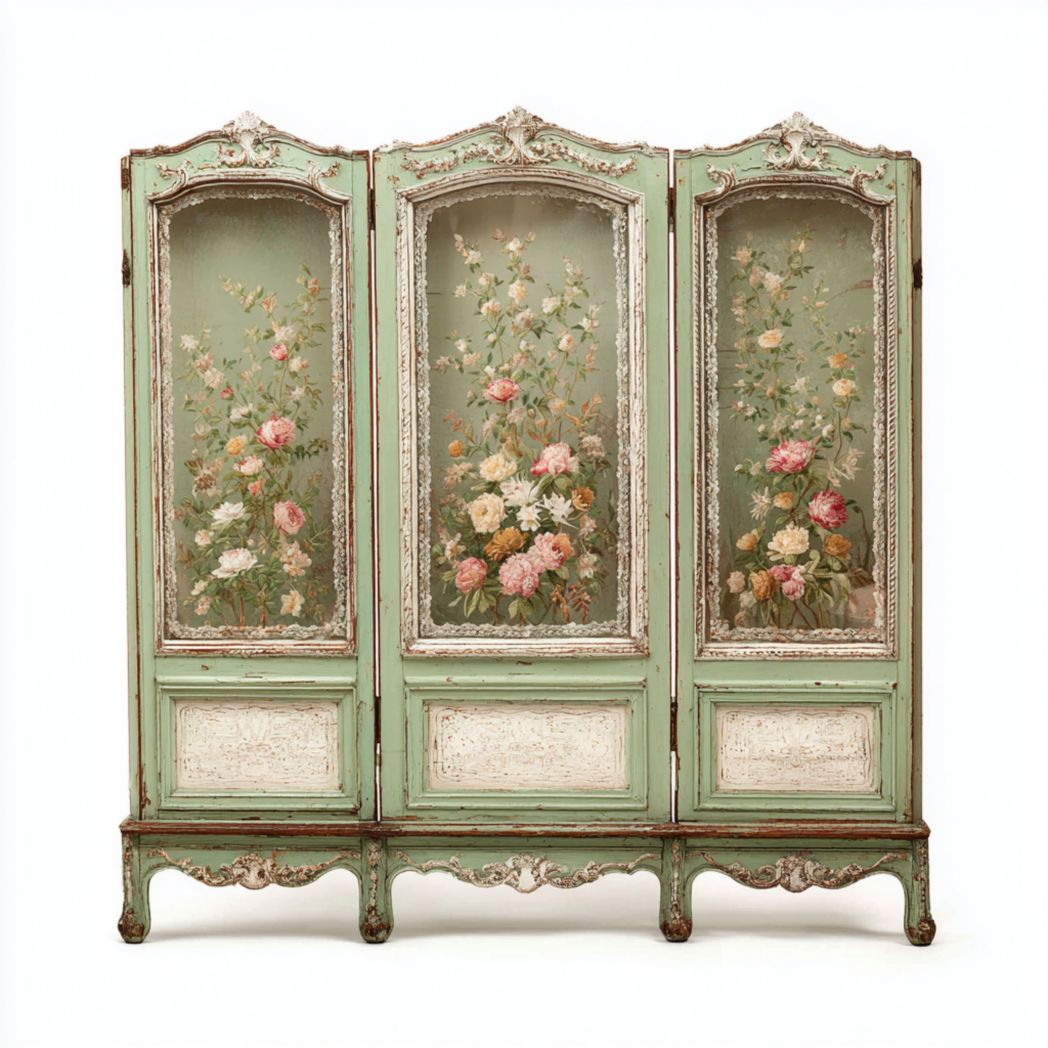 Paravent 3 panneaux bois vert avec motifs floraux multicolores