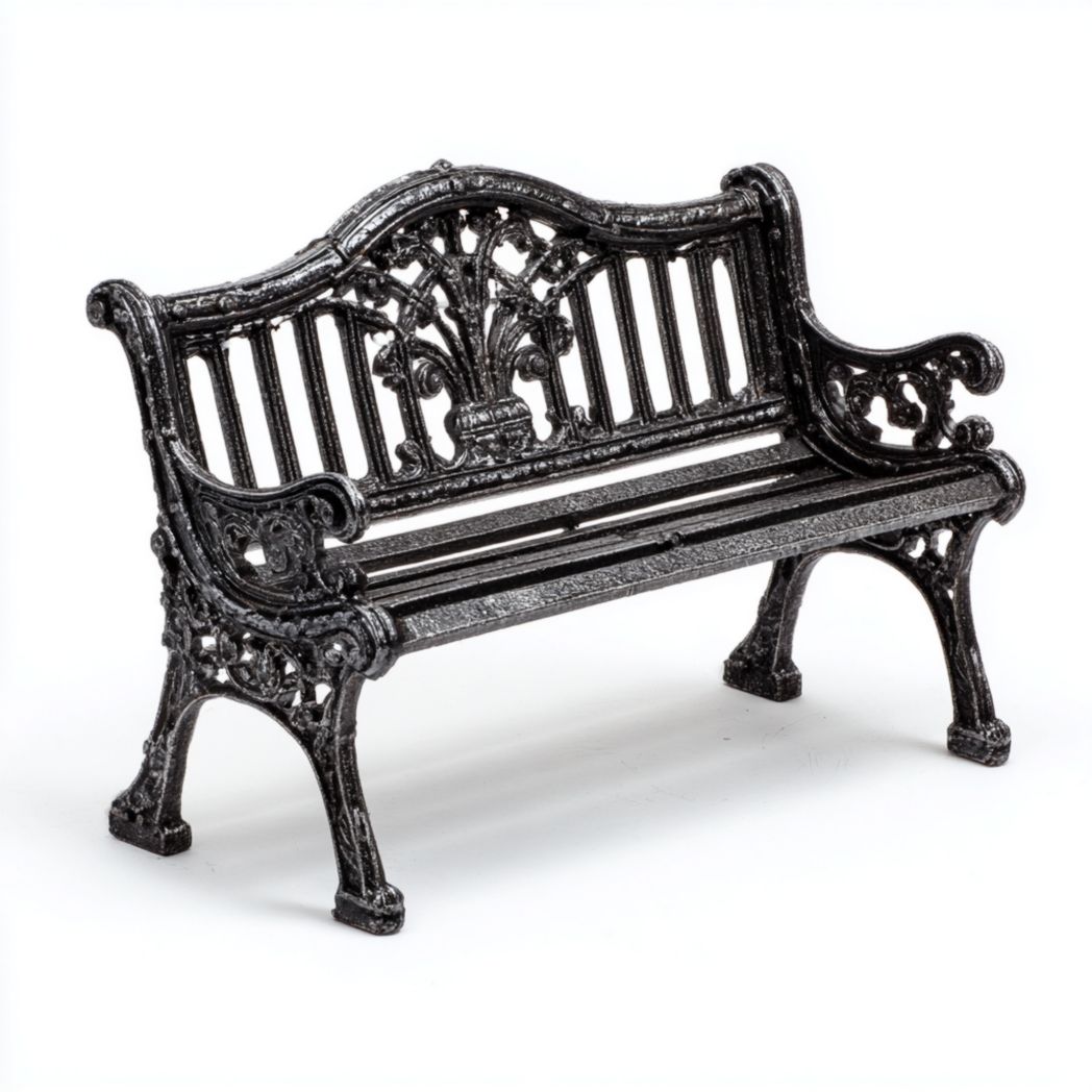 Banc de jardin en métal noir avec motifs ajourés décoratifs, sans coussin
