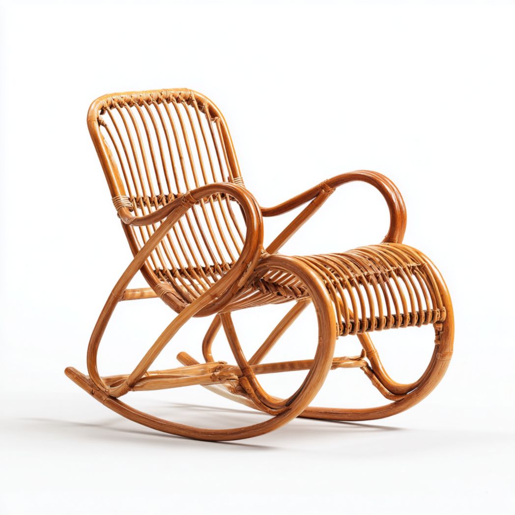 Fauteuil à bascule en rotin naturel avec accoudoirs arrondis, sans coussin