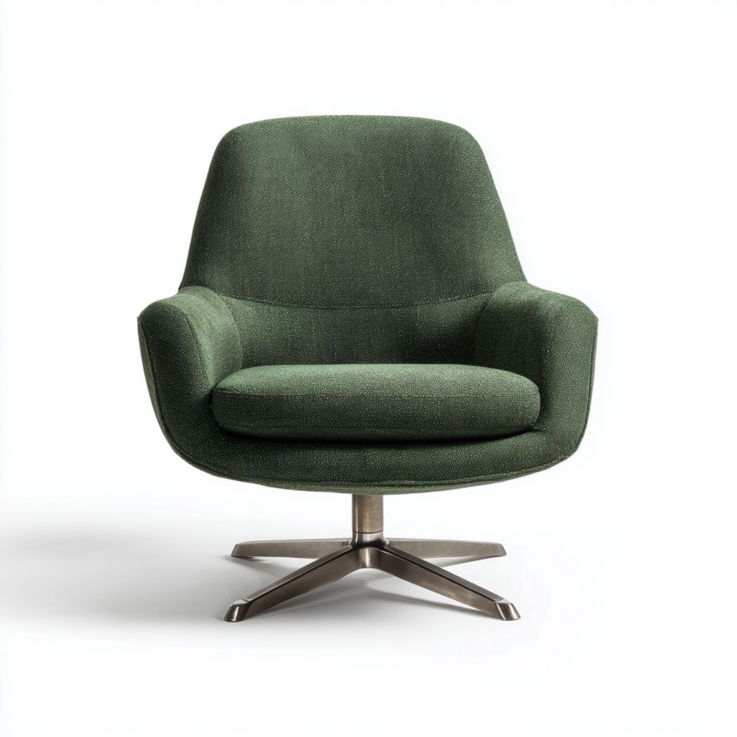 Fauteuil de bureau à dossier courbé, assise en tissu vert et base pivotante en métal