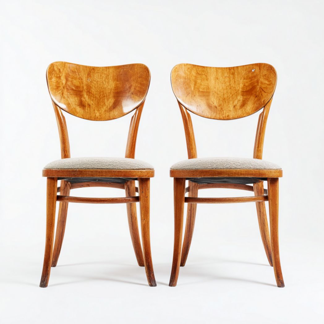 Lot de 2 chaises bistrot en bois naturel dossier courbé avec assise tissu beige