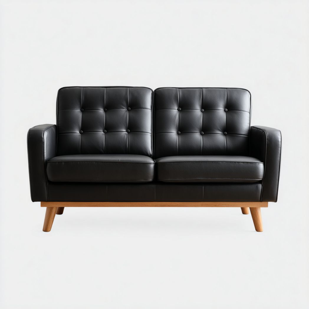 Canapé 2 places cuir noir pieds en bois avec deux dossiers capitonnés et deux assises