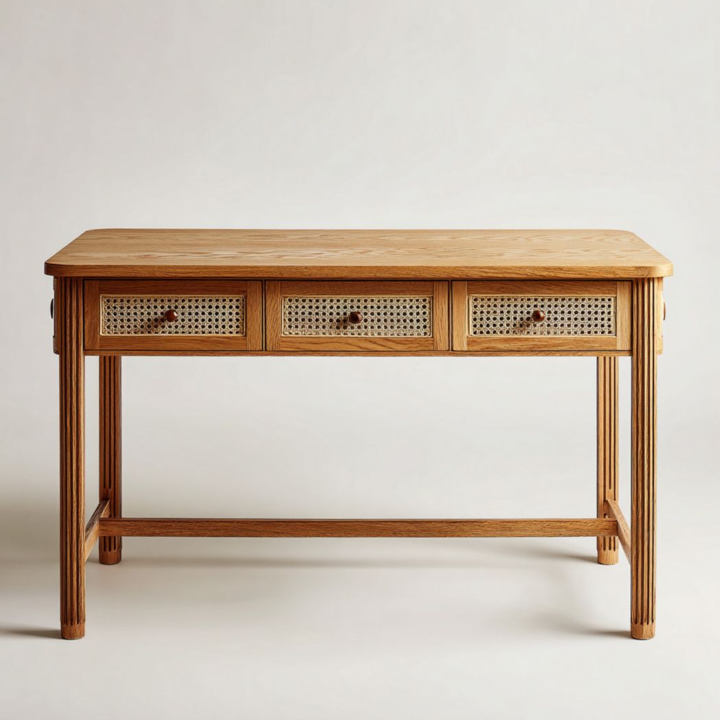 Bureau en bois massif clair, design à trois tiroirs avec façades en rotin