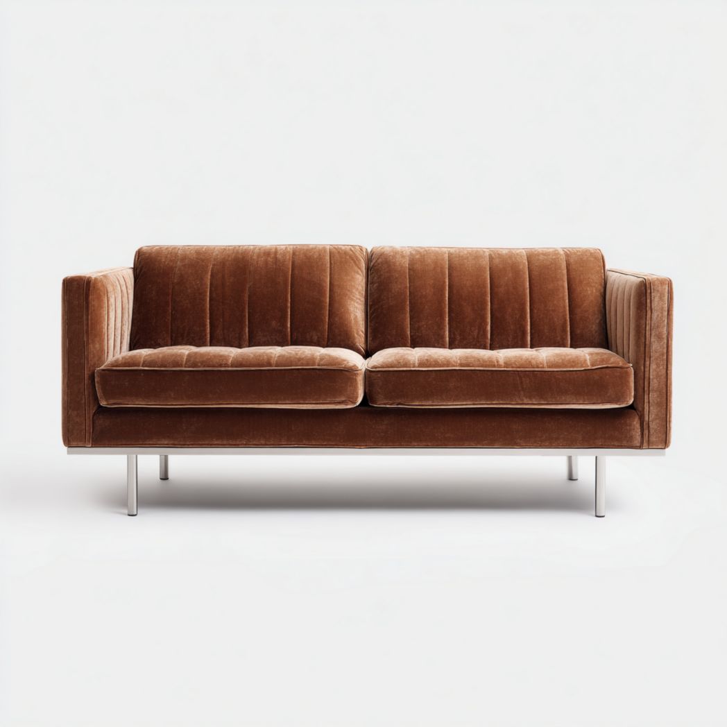 Canapé 2 places velours marron pieds métal avec deux dossiers et deux assises