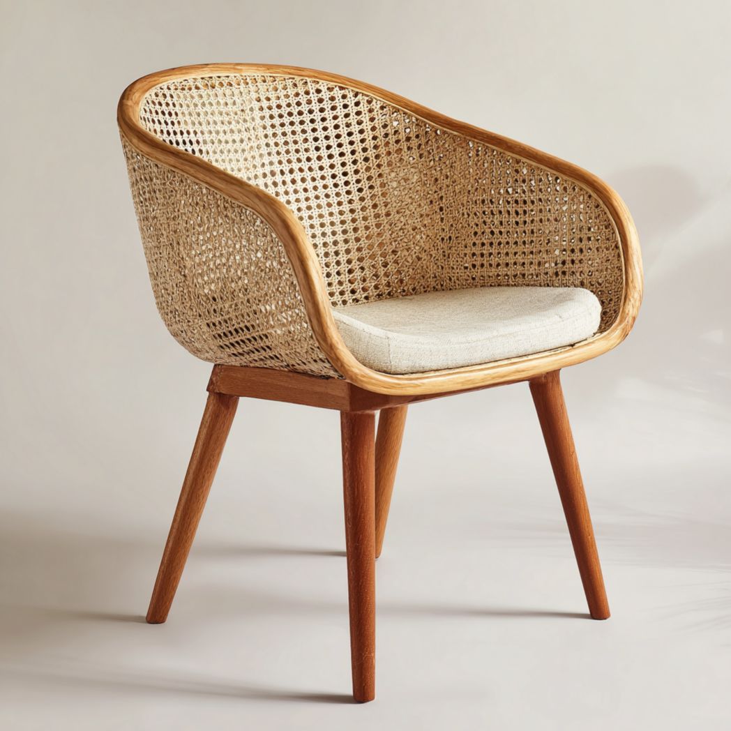 Fauteuil en rotin naturel une place dossier ajouré pieds bois avec coussin beige