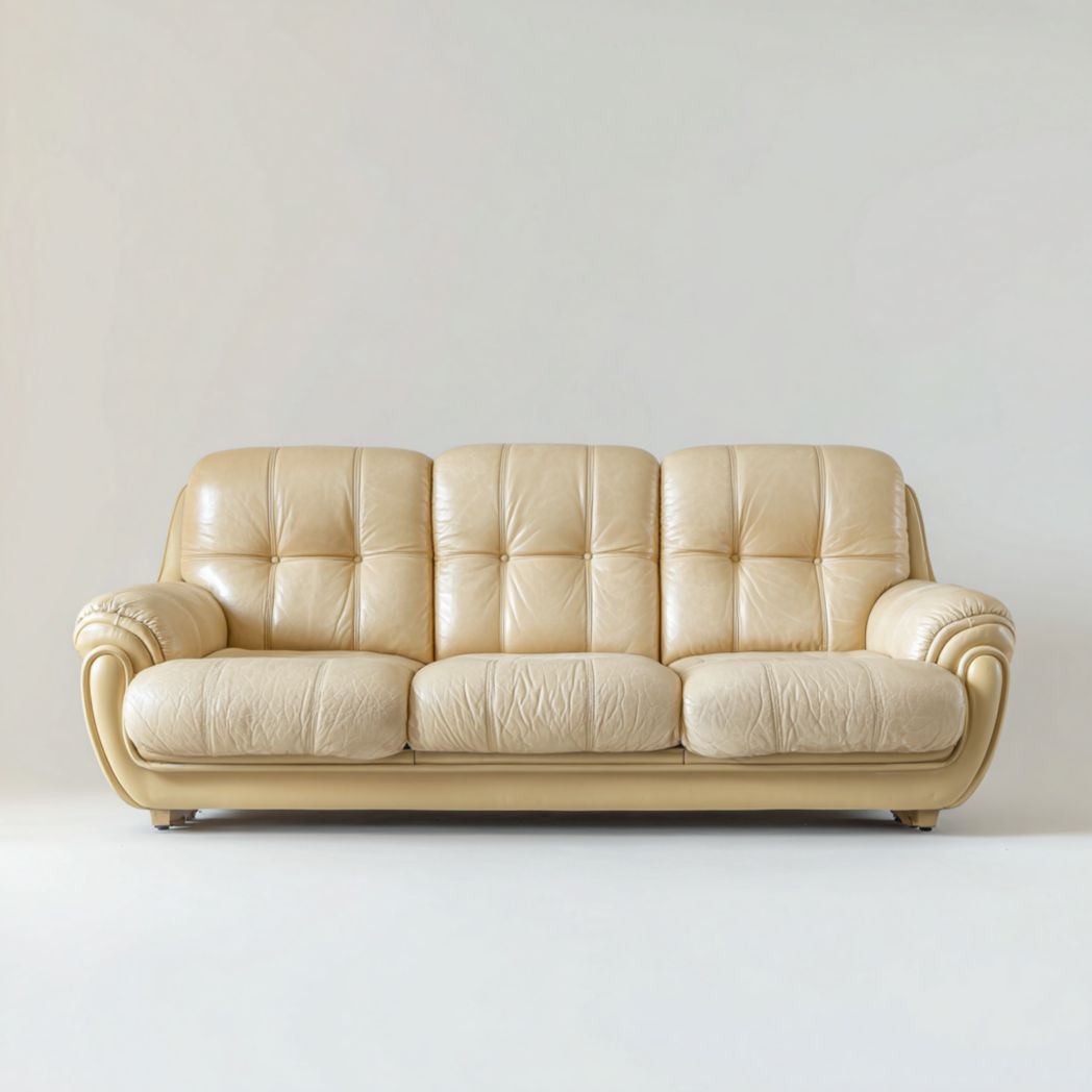 Canapé 3 places cuir beige avec dossiers et assises capitonnés, accoudoirs arrondis