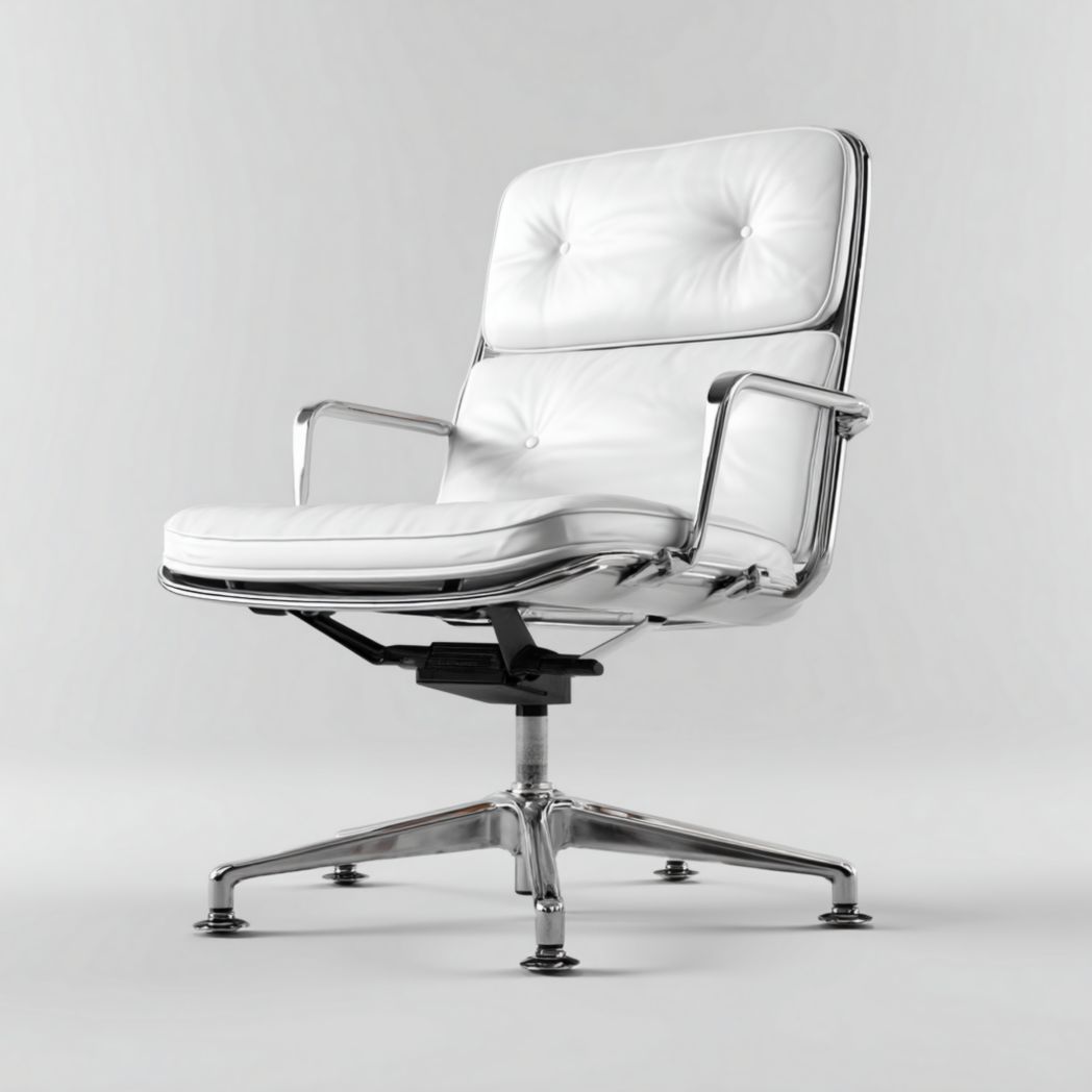 Fauteuil de bureau à dossier carré, assise en cuir blanc et base pivotante en métal