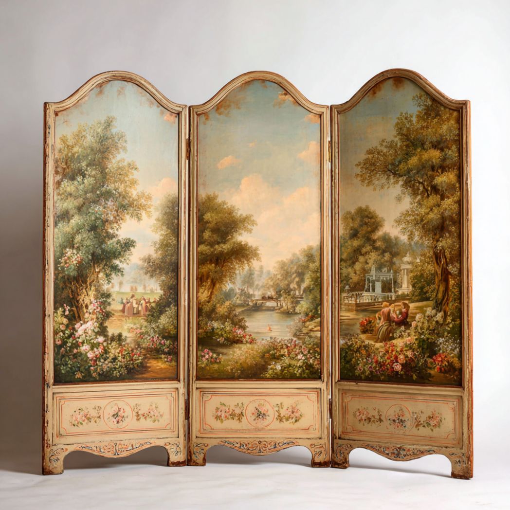 Paravent 3 panneaux bois avec peintures paysagères multicolores