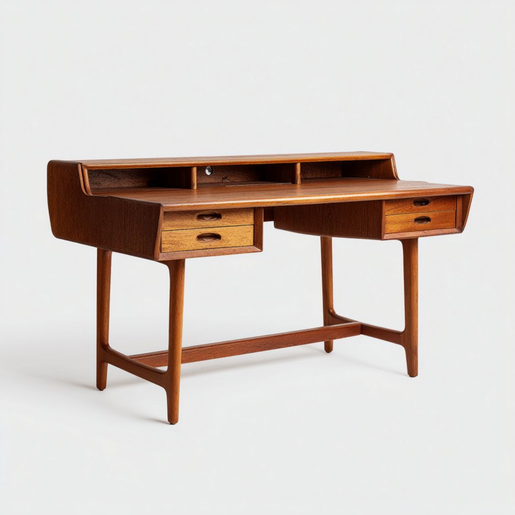 Bureau en bois massif couleur noyer, design avec quatre tiroirs latéraux et compartiments supérieurs