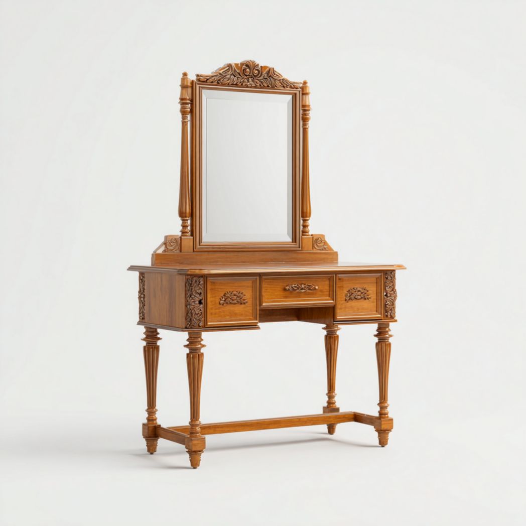 Coiffeuse en bois massif sculpté avec miroir rectangulaire et trois tiroirs
