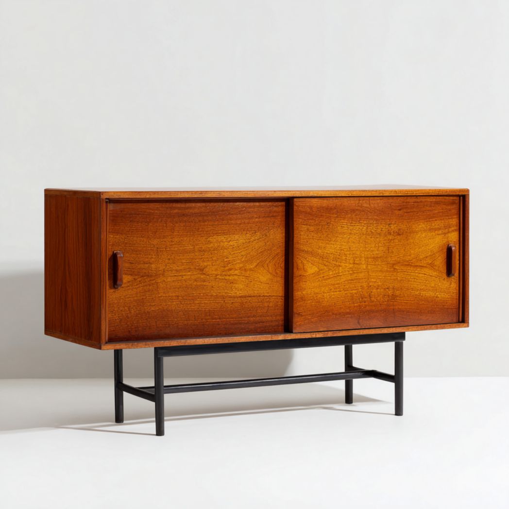 Enfilade en bois, finition brun foncé, deux portes coulissantes, base métallique