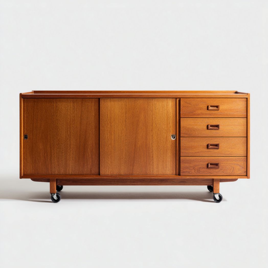 Enfilade en bois, finition brun clair, deux portes coulissantes et quatre tiroirs, roulettes