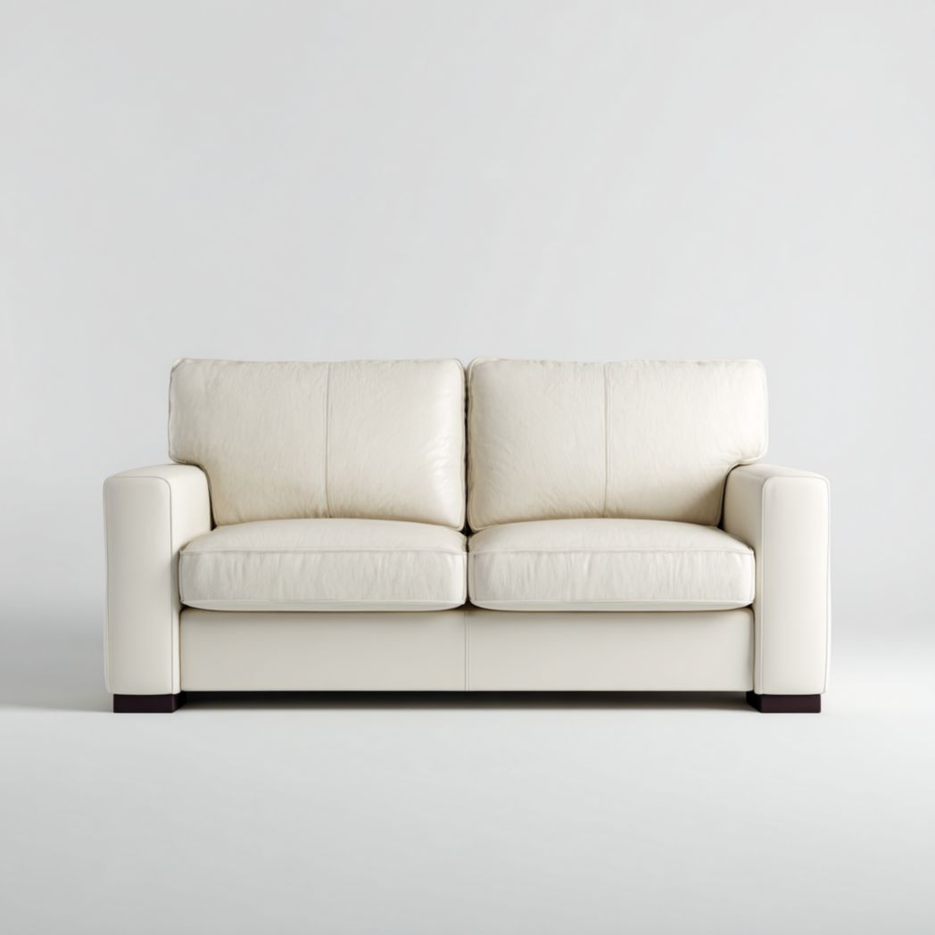 Canapé 2 places cuir blanc cassé pieds bois avec deux dossiers et deux assises