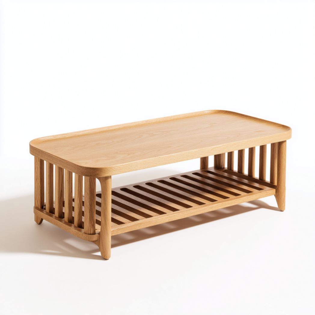Table basse rectangulaire en bois, finition naturelle, avec étagère inférieure