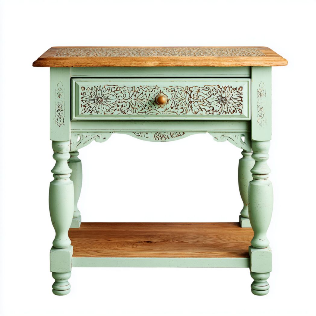 Coiffeuse en bois massif sculpté avec un tiroir et tablette inférieure