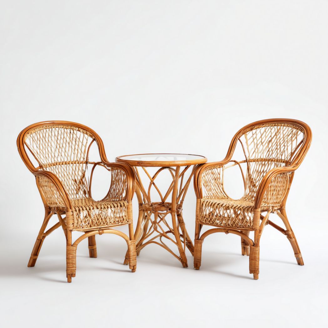 Lot de 2 fauteuils en rotin naturel avec table basse en rotin plateau en verre sans coussin