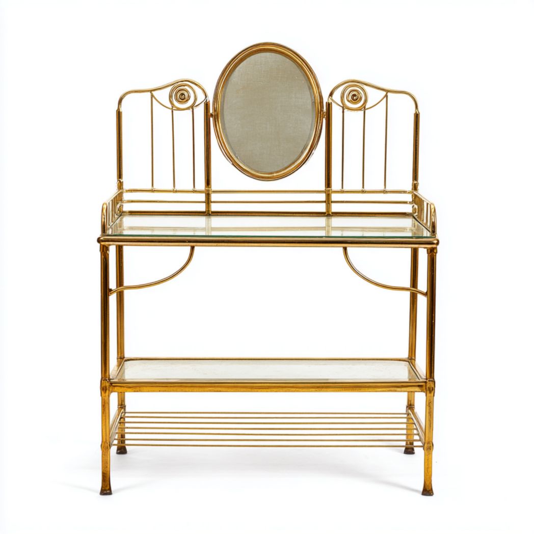 Coiffeuse en métal doré avec plateau en verre, miroir ovale et tablette inférieure