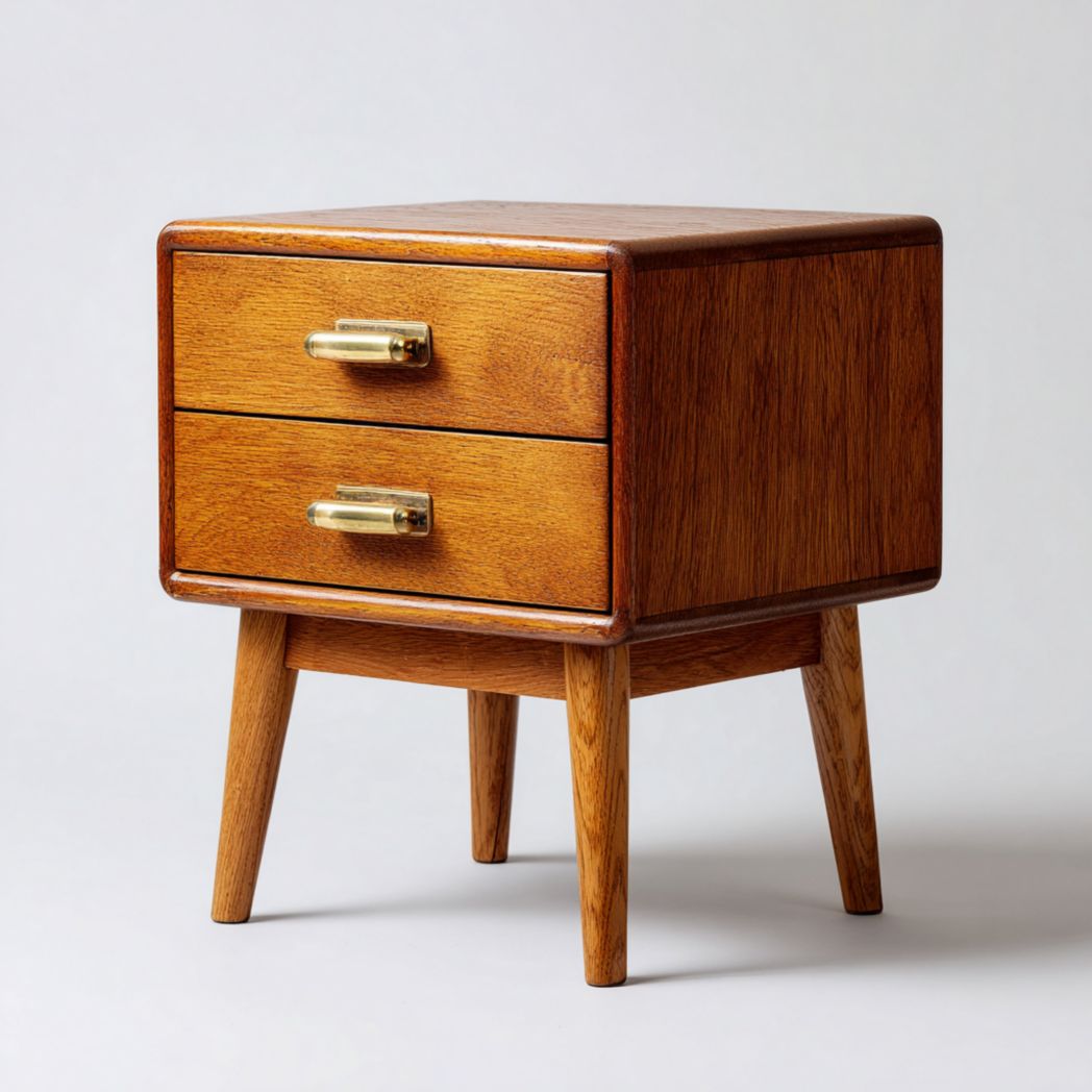 Commode en bois brun foncé à deux tiroirs, poignées dorées, piètement haut