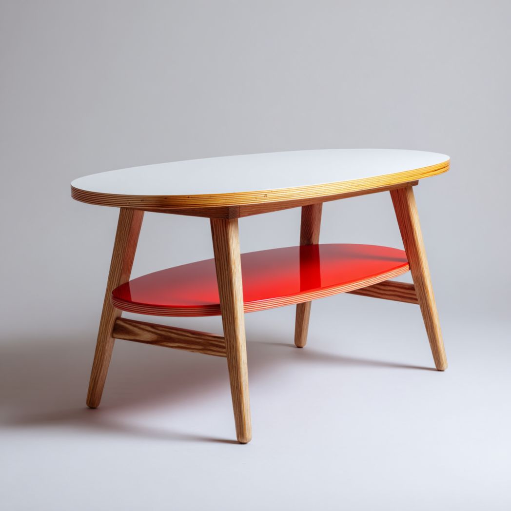 Table basse ovale, plateau blanc et étagère intermédiaire rouge avec structure en bois