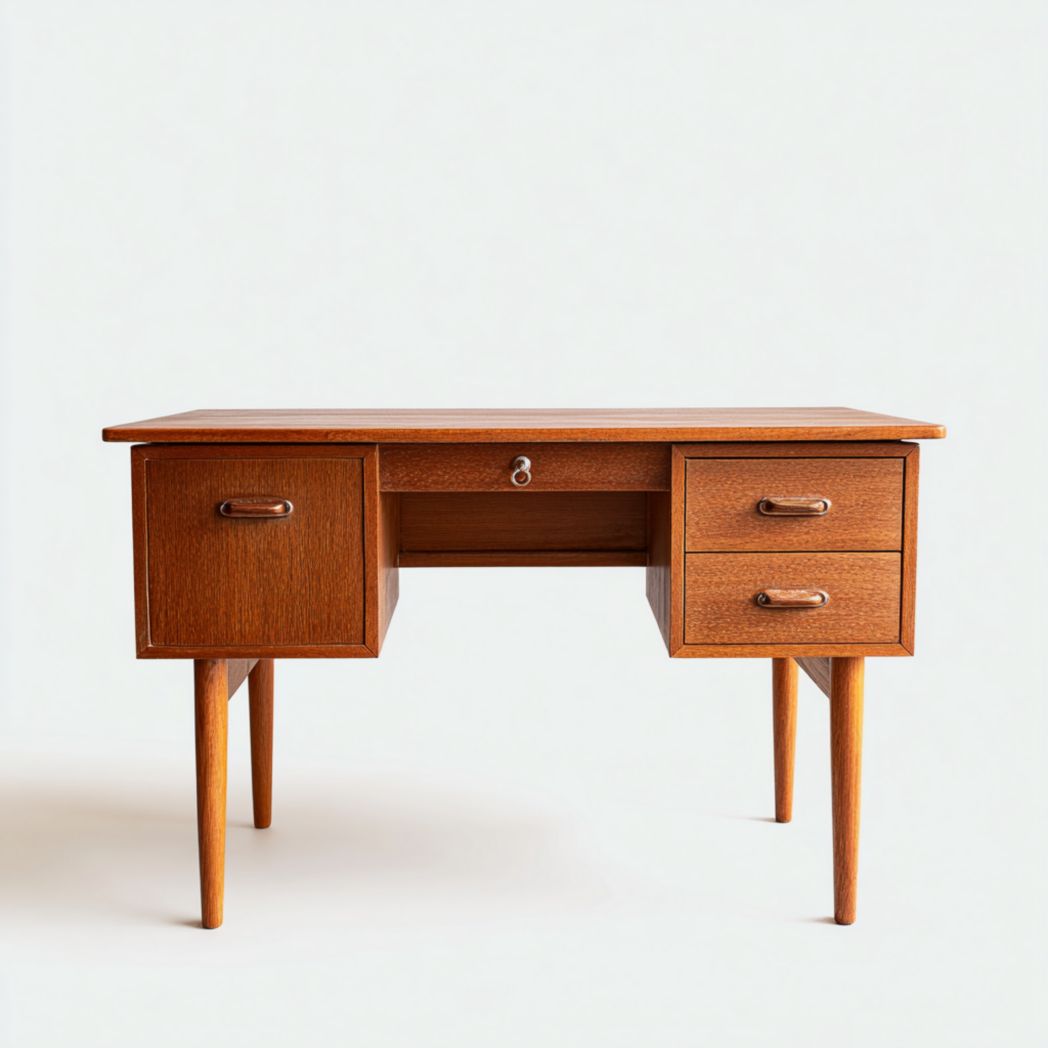 Bureau en bois massif couleur noyer, design avec deux tiroirs, une porte et un tiroir central