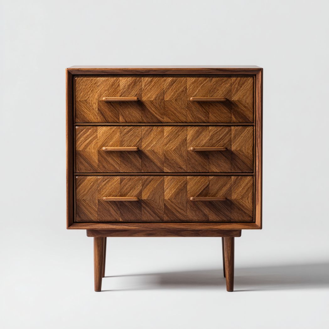 Commode en bois à motif géométrique, trois tiroirs, corps rectangulaire