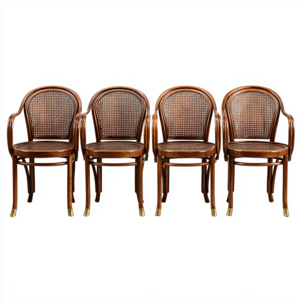 Lot de 4 chaises bistrot bois brun avec dossier et assise en cannage et accoudoirs