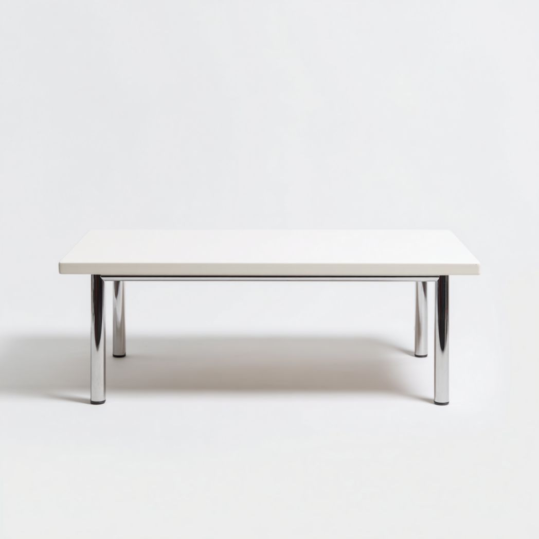 Table basse rectangulaire avec plateau blanc et pieds cylindriques chromés