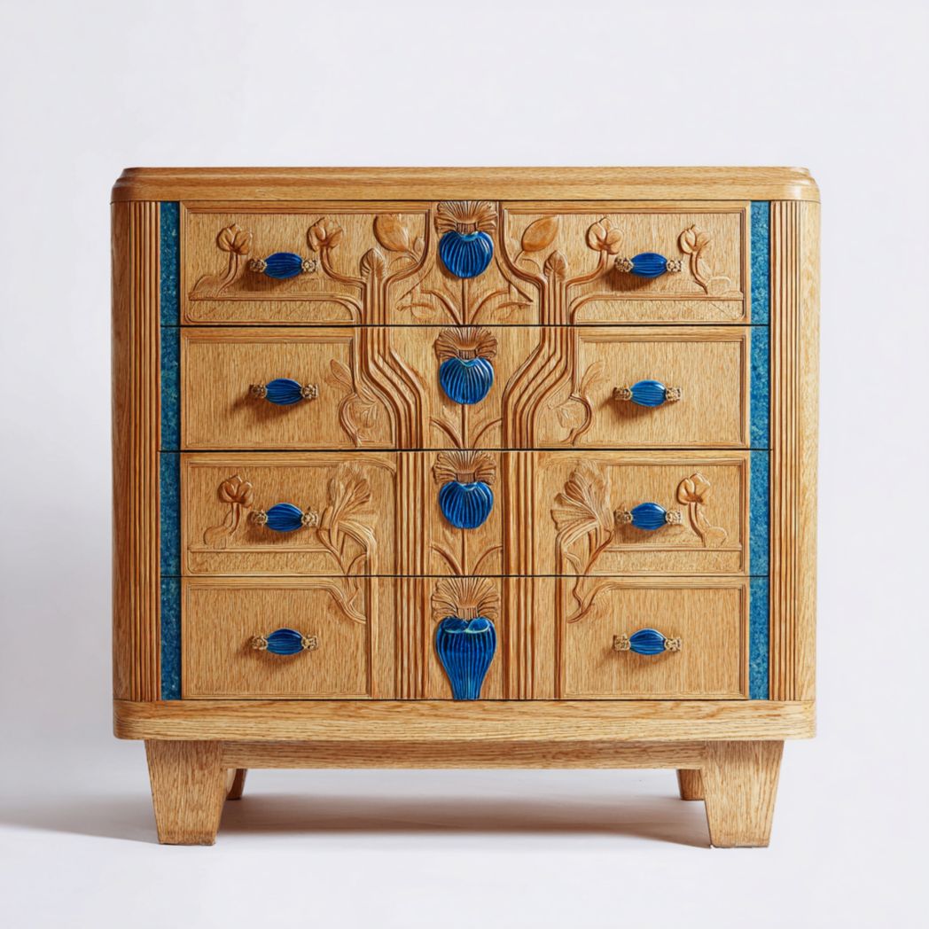 Commode en bois gaufré, quatre tiroirs, garniture bleue et poignées en métal