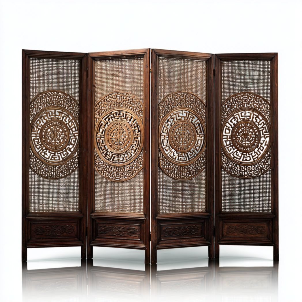 Paravent 4 panneaux bois brun avec motifs ajourés