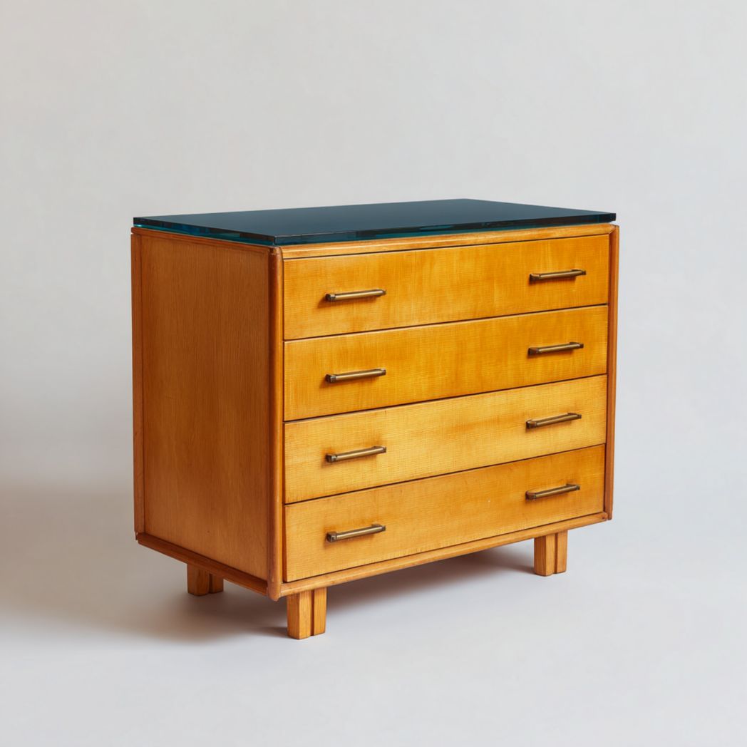 Commode en bois à quatre tiroirs avec plateau en verre noir et poignées métalliques
