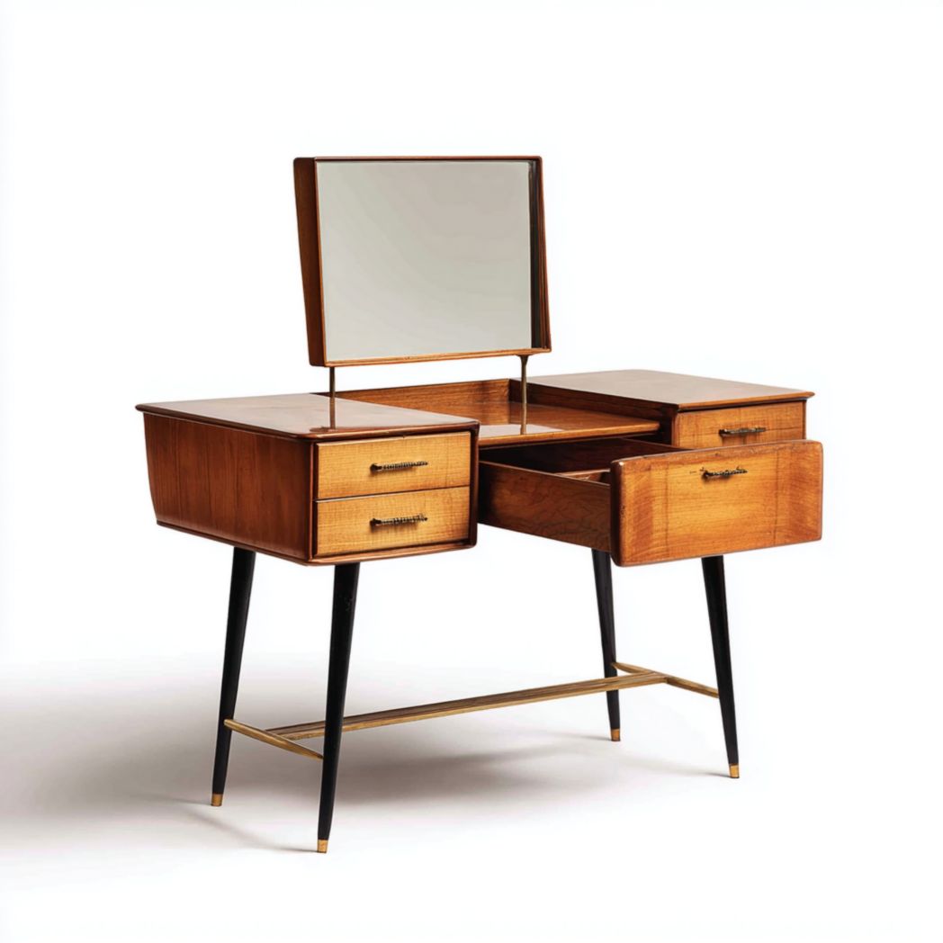 Coiffeuse en bois avec quatre tiroirs, pieds en métal noir et miroir rabattable