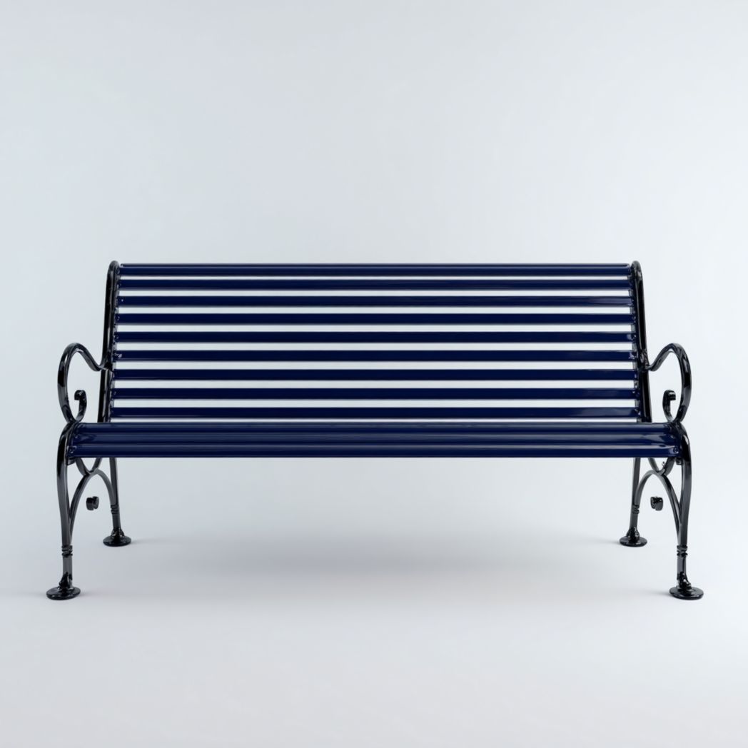 Banc de jardin en métal avec lattes bleu foncé et structure noire, sans coussin