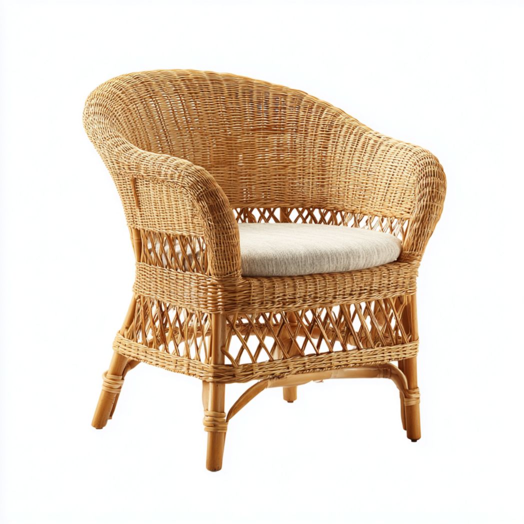 Fauteuil en rotin naturel une place avec coussin beige