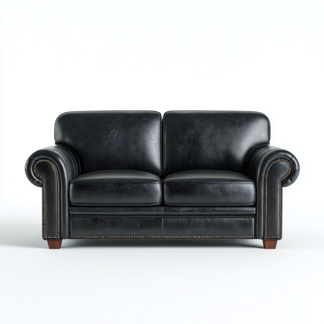 Canapé 2 places en cuir noir avec accoudoirs roulés et pieds en bois