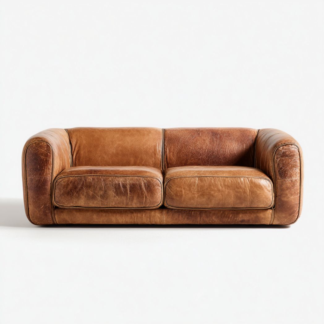 Canapé trois places, cuir marron, sans coussins, avec accoudoirs arrondis