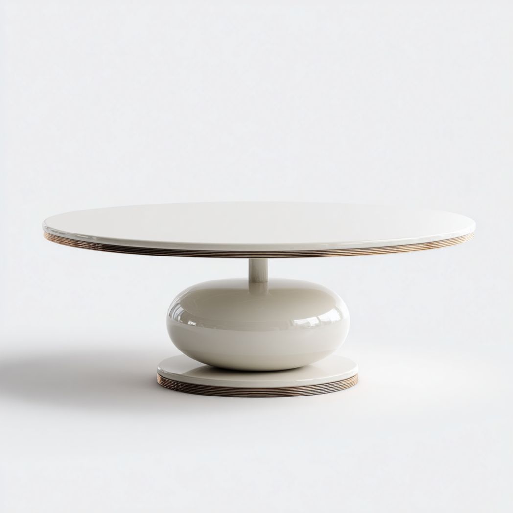 Table ronde laquée, plateau blanc, base centrale en forme de sphère