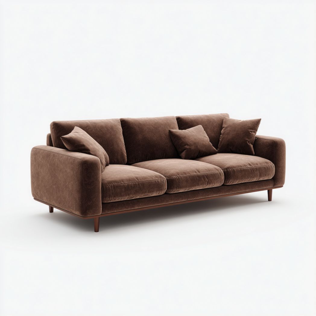Canapé 3 places en tissu brun rectangulaire avec coussins et assises
