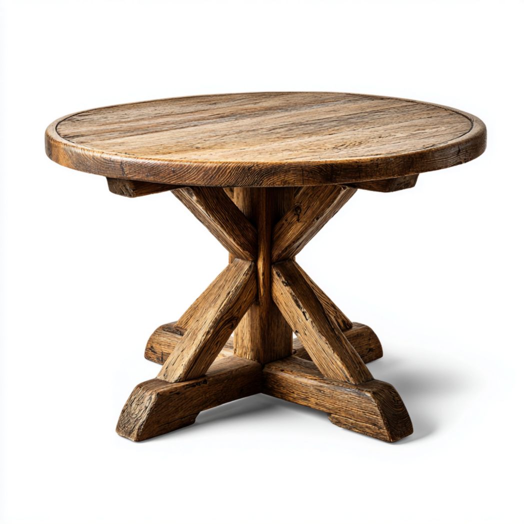Table ronde en bois massif, finition brun foncé, piètement croisé