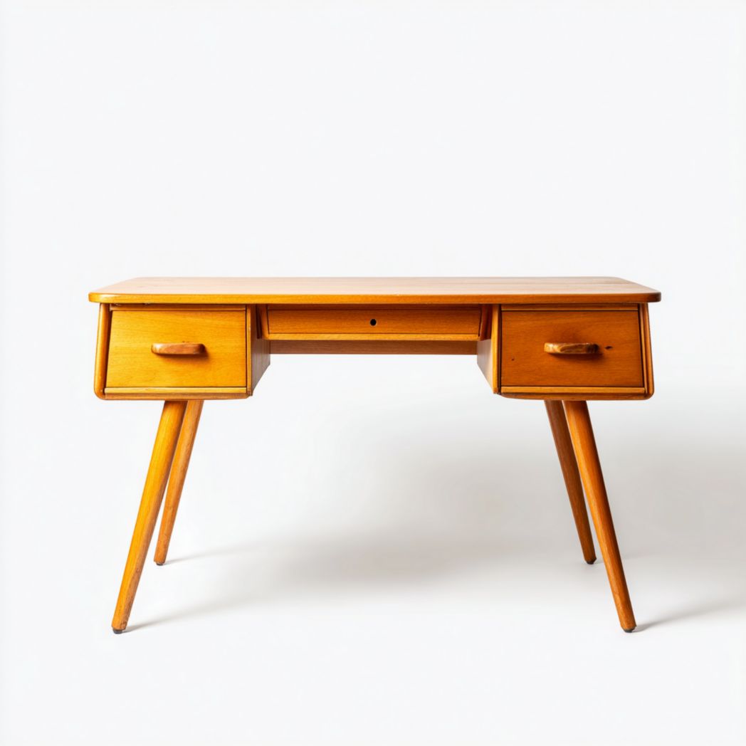 Bureau en bois massif couleur claire, design avec tiroirs latéraux et tiroir central