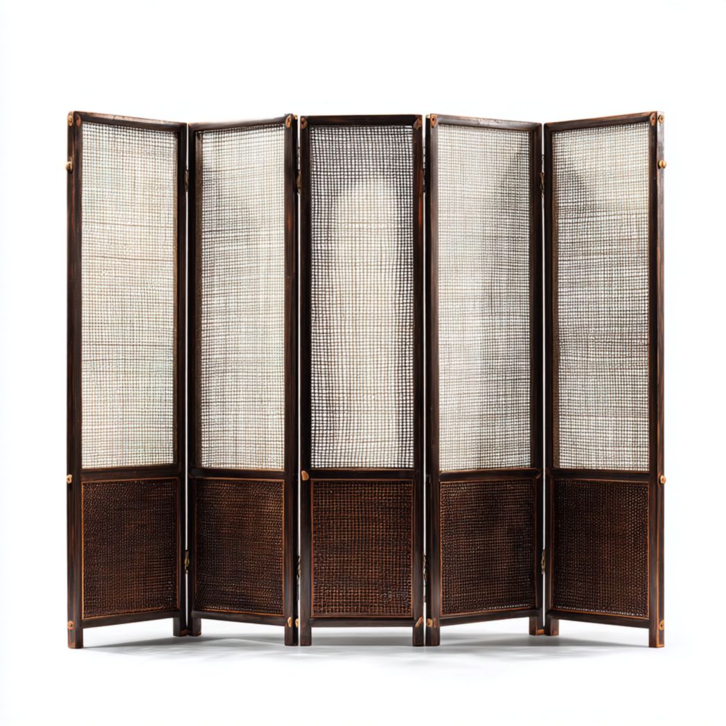 Paravent 5 panneaux bois massif et rotin tressé pliant