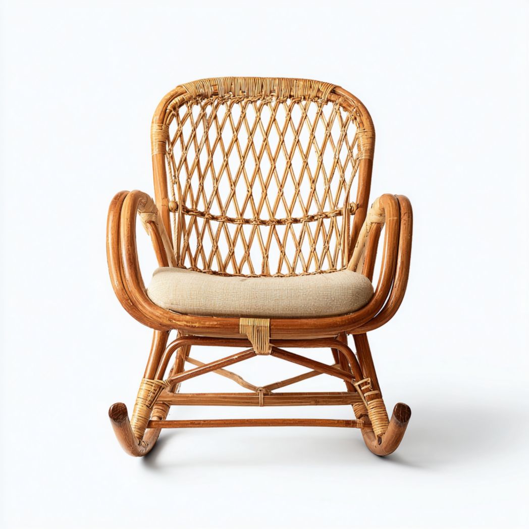 Fauteuil à bascule en rotin naturel avec dossier ajouré et coussin beige