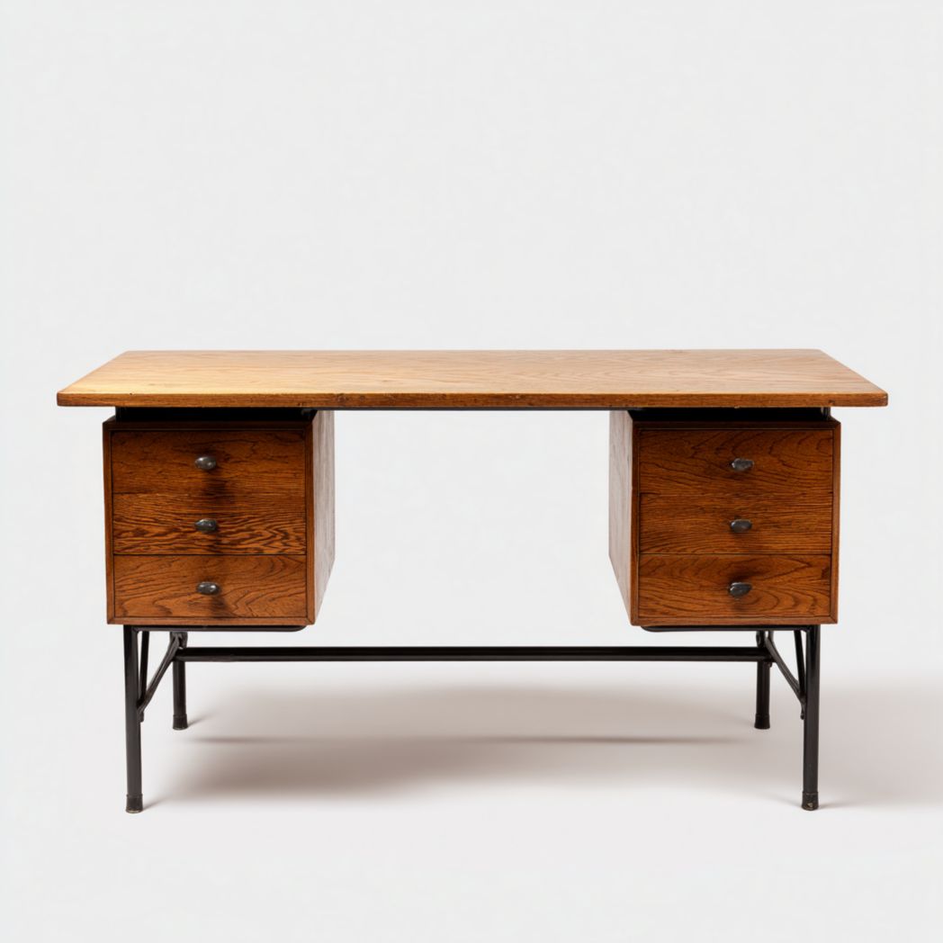 Bureau avec plateau en bois et structure métallique, design avec six tiroirs latéraux