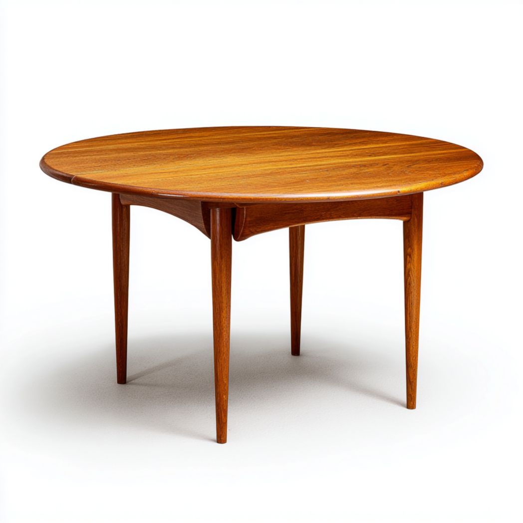 Table ronde en bois massif, finition brun rouge, pieds fins et droits
