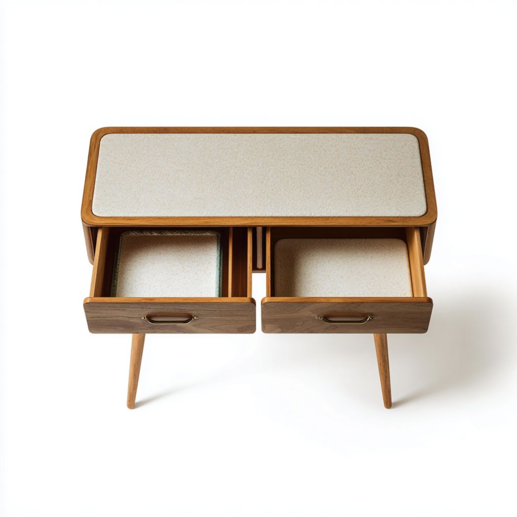 Coiffeuse en bois massif avec plateau clair, design à deux tiroirs