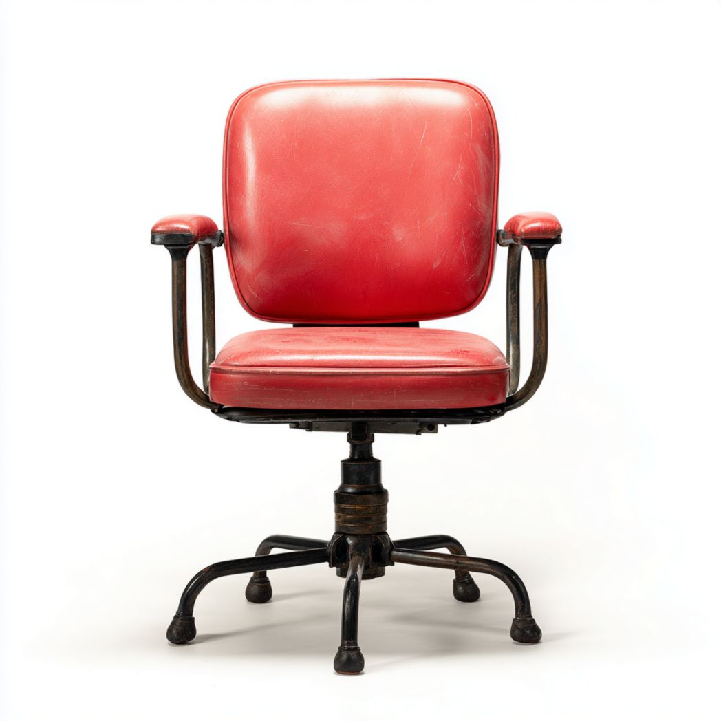 Fauteuil de bureau à dossier carré, assise en cuir rouge et base pivotante en métal