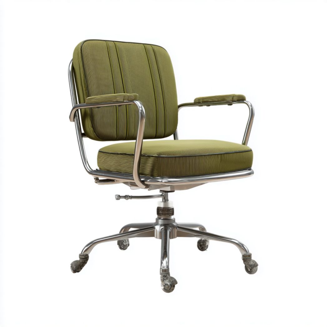 Fauteuil de bureau à dossier carré, assise en tissu vert et base métallique à roulettes