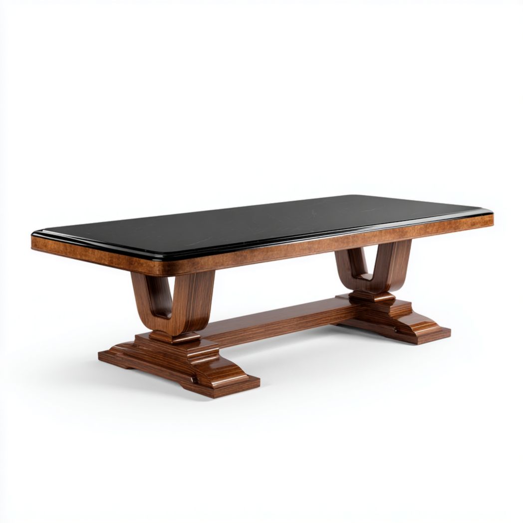 Table basse rectangulaire en bois, plateau noir, double piètement