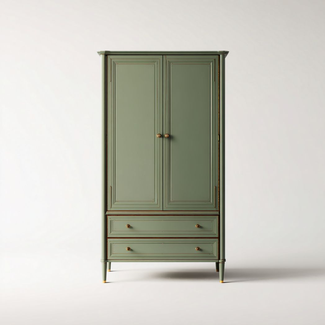 Armoire en bois verte à deux portes et deux tiroirs