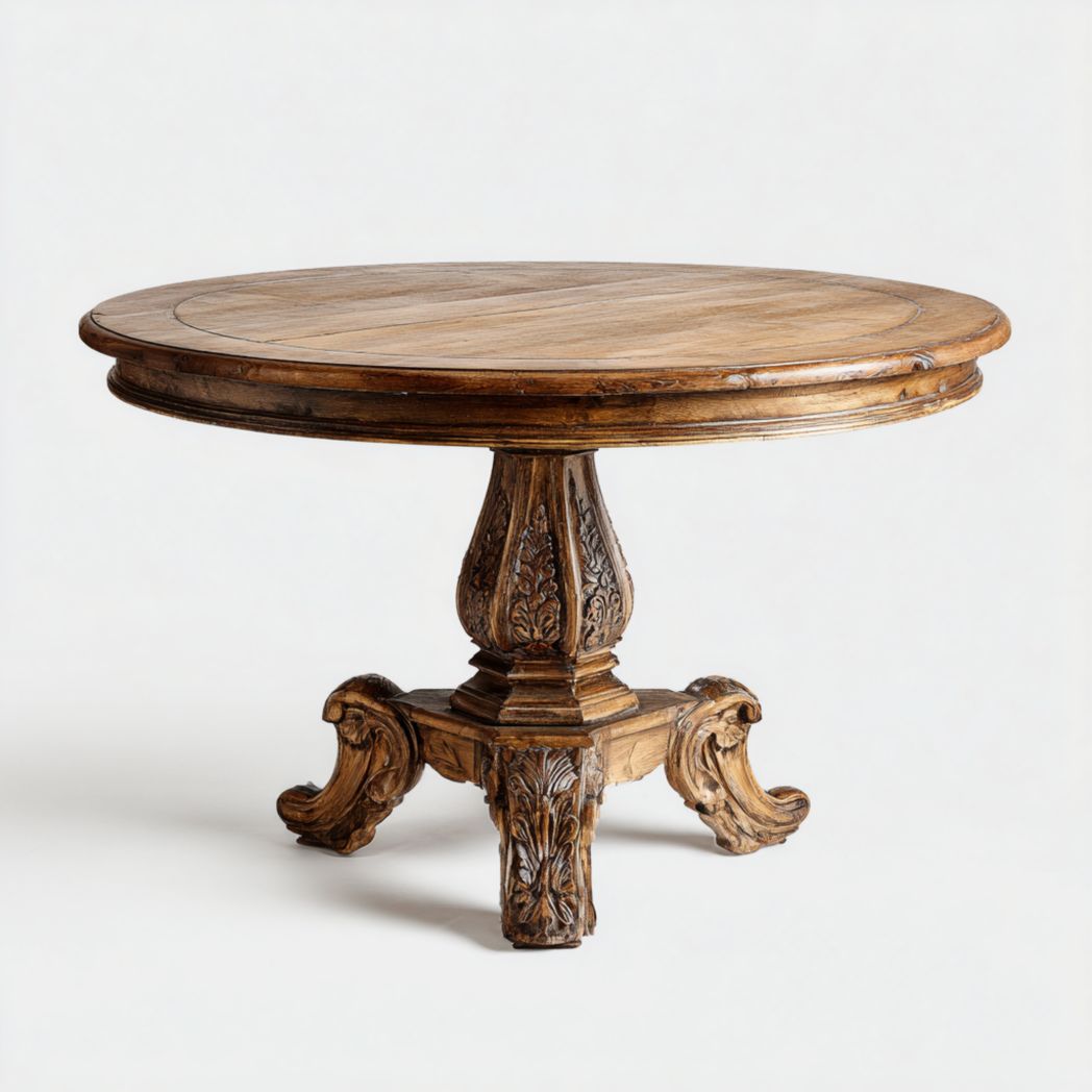 Table ronde en bois massif brun clair avec base sculptée